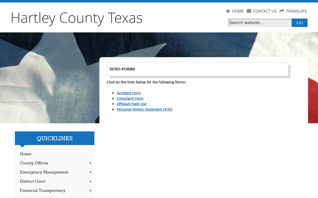 Hartley County Sheriff forms menu, separate from a warrant search