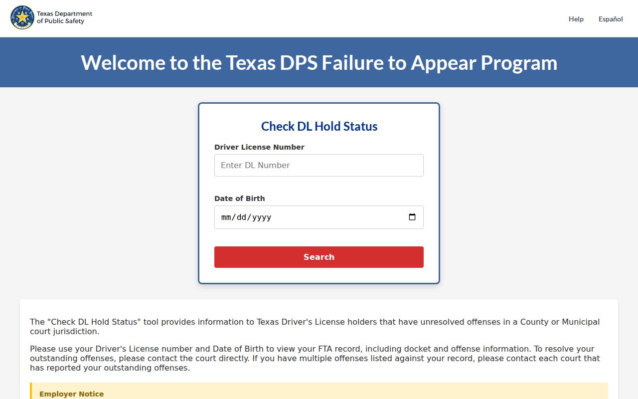 Hartley County traffic warrant search, Texas FTA and failure-to-pay fields
