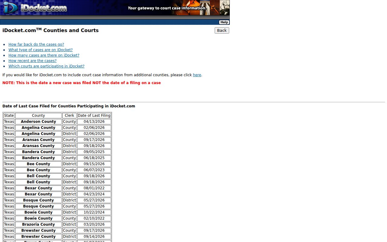 Hartley County case search, iDocket court participation and filing date page